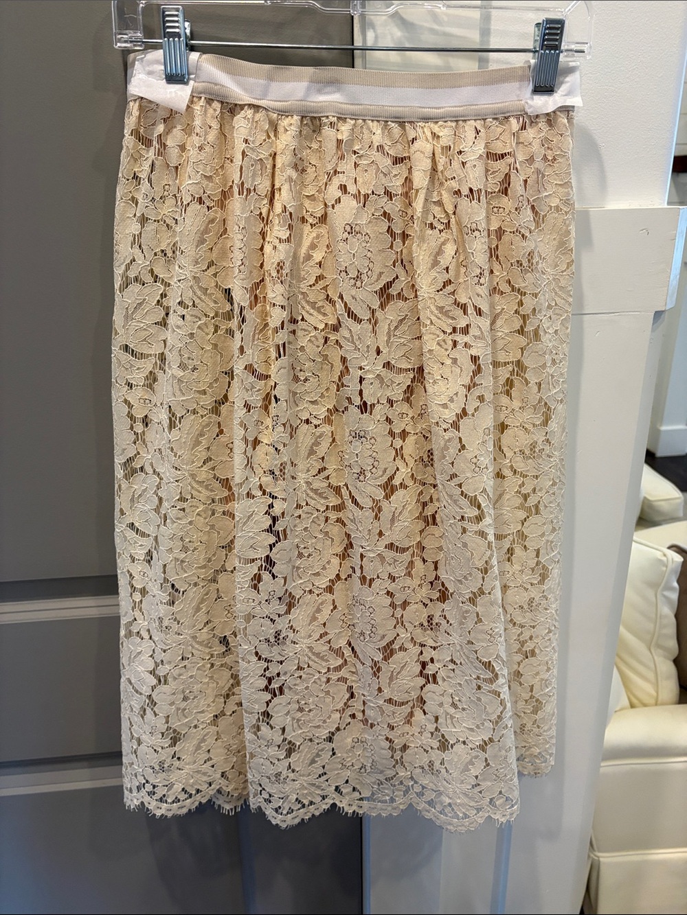 Twin-Set Beige Lace Midi Skirt with Floral Lace Overlay